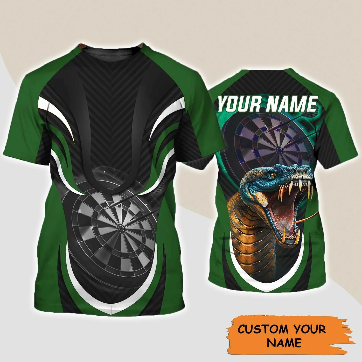 Darts Custom Name T Shirt, Green Bullseye Dartboard Personalized Name King Cobra And Darts T-Shirt For Men Women - Gift For Darts Lovers, Dart Team