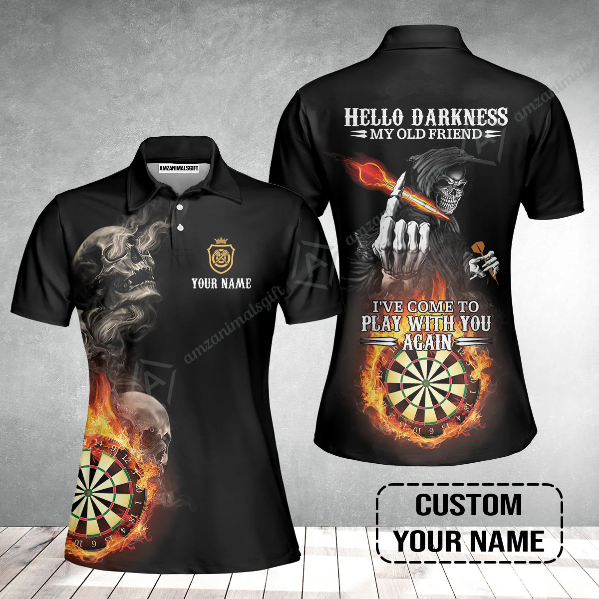 Darts Custom Name Women Polo Shirt, Skull Personalized Women Polo Shirt, Hello Darkness My Old Friend I've Come To Play With You Again - Image 2