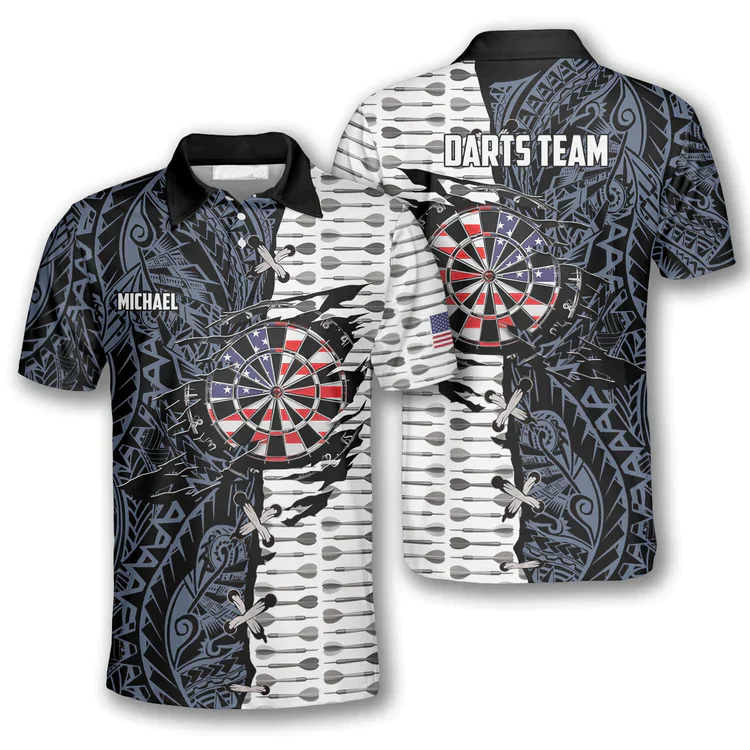 Darts Custom Team Name Men Polo Shirt, Personalized Dart Arrow Tribal Tattoo American Flag Polo Shirts For Men, Fourth of July Apparel For Darts Lover - Image 2
