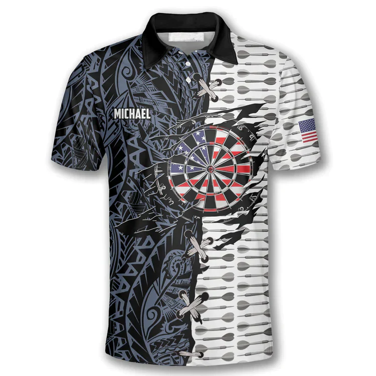 Darts Custom Team Name Men Polo Shirt, Personalized Dart Arrow Tribal Tattoo American Flag Polo Shirts For Men, Fourth of July Apparel For Darts Lover - Image 3
