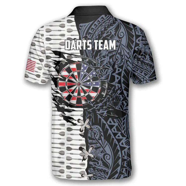 Darts Custom Team Name Men Polo Shirt, Personalized Dart Arrow Tribal Tattoo American Flag Polo Shirts For Men, Fourth of July Apparel For Darts Lover - Image 4