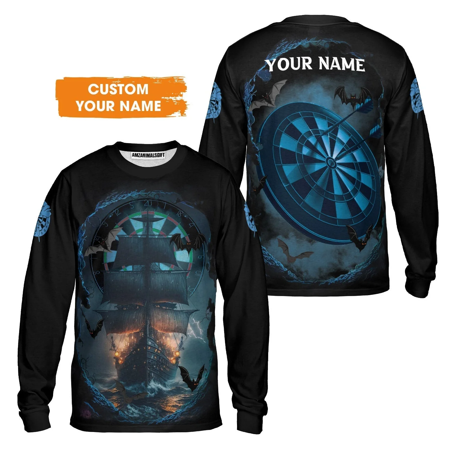 Darts Long Sleeve Shirt Customized Name, Sailboat & Bats Cave With Dartboard Long Sleeve Shirt - Gift For Darts Players, Darts Lovers