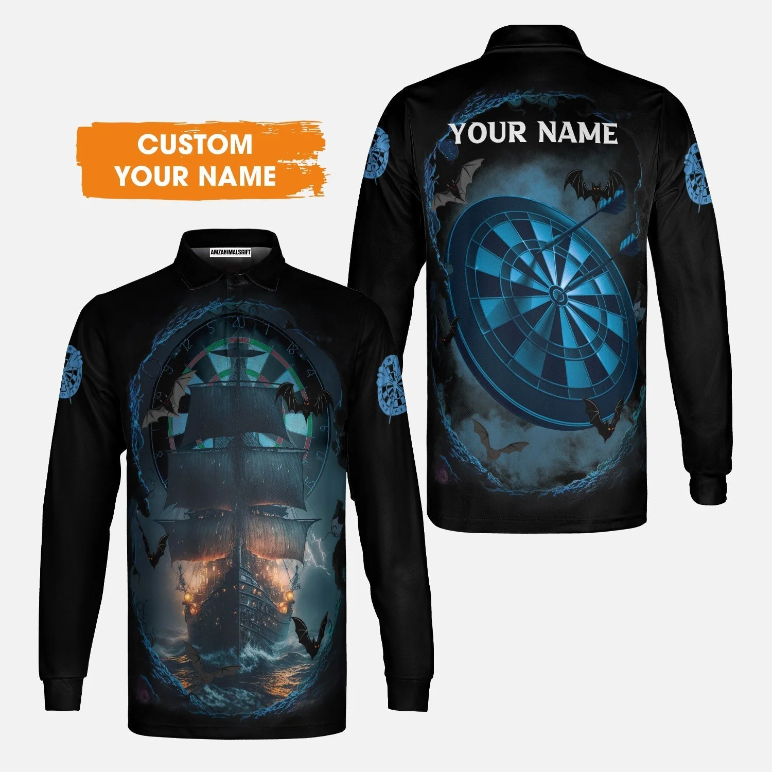 Darts Long Sleeve Shirt Customized Name, Sailboat & Bats Cave With Dartboard Long Sleeve Shirt - Gift For Darts Players, Darts Lovers - Image 4