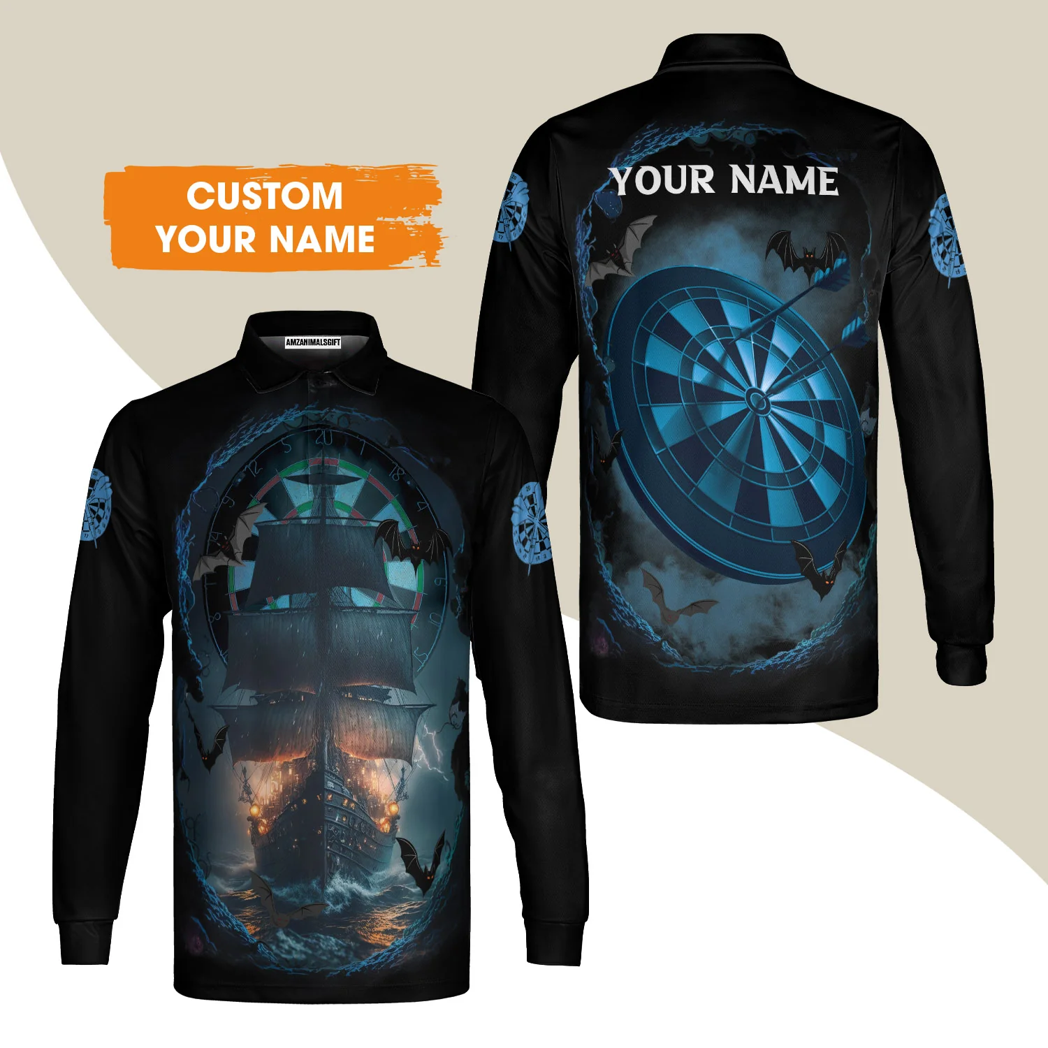 Darts Men's Long Sleeve Polo Shirt Customized Name, Sailboat & Bats Cave With Dartboard Long Sleeve Polo Shirt - Gift For Darts Players, Darts Lovers - Image 2