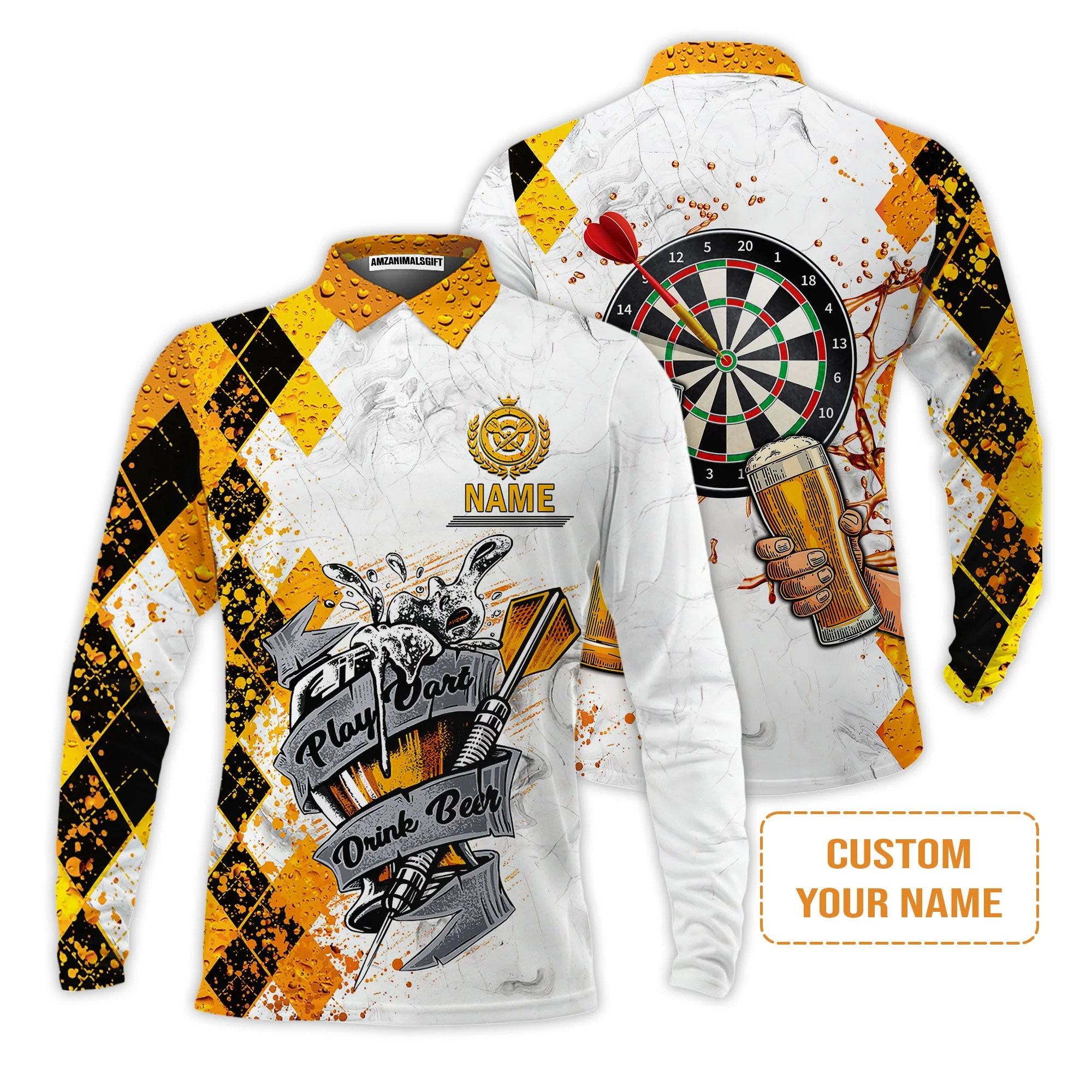 Darts Personalised Men's Long Sleeve Polo Shirt, Play Dart Drink Beer Argyle Pattern Custom Name Long Sleeve Polo Shirt - Image 2
