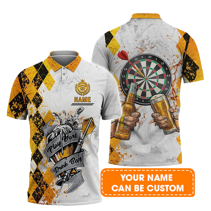 Darts Personalised Men's Long Sleeve Polo Shirt, Play Dart Drink Beer Argyle Pattern Custom Name Long Sleeve Polo Shirt - Image 3