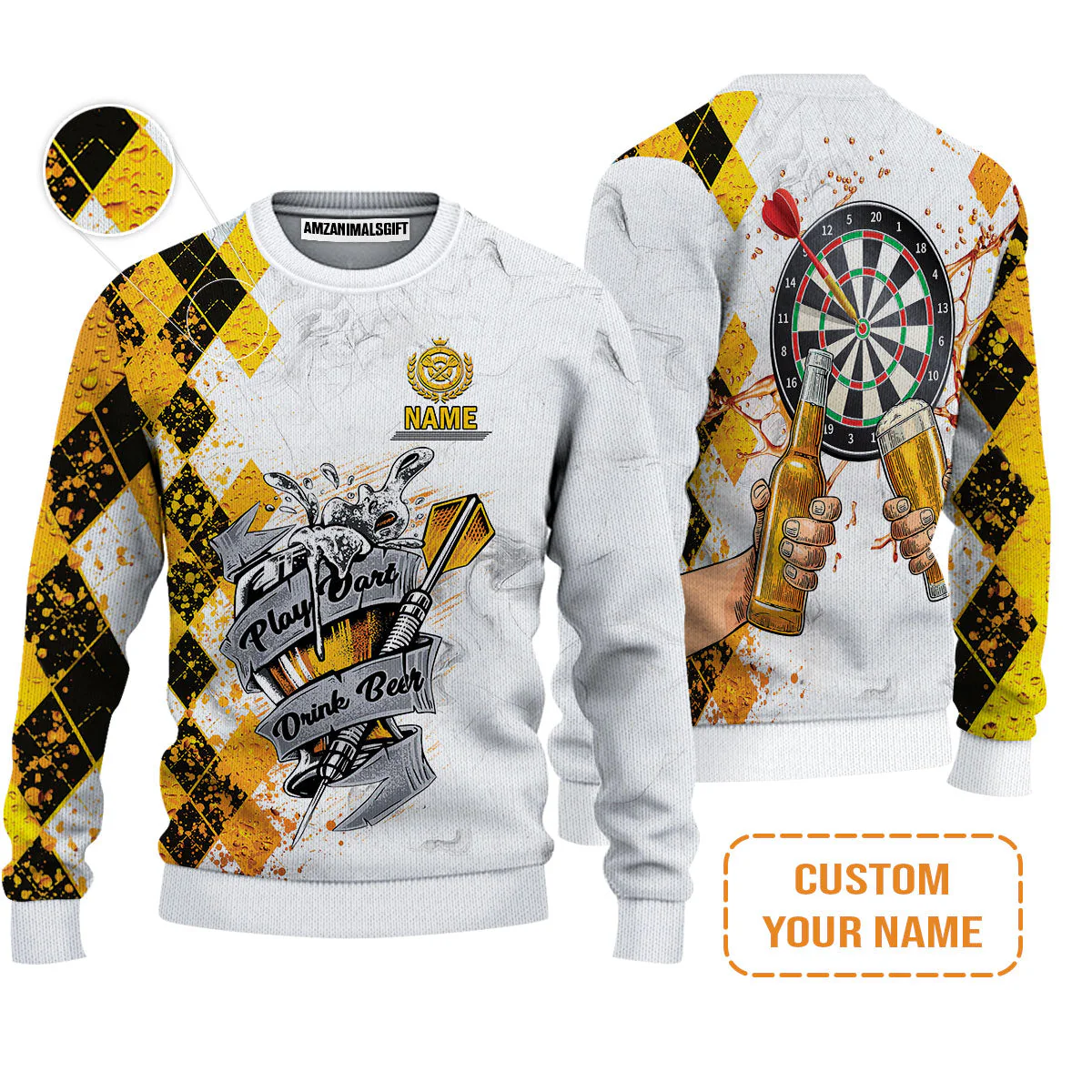 Darts Personalised Men's Long Sleeve Polo Shirt, Play Dart Drink Beer Argyle Pattern Custom Name Long Sleeve Polo Shirt - Image 4