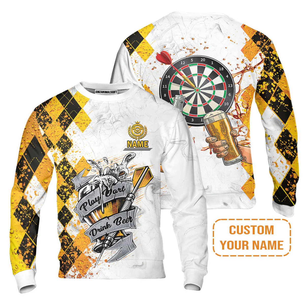 Darts Personalised Men's Long Sleeve Polo Shirt, Play Dart Drink Beer Argyle Pattern Custom Name Long Sleeve Polo Shirt - Image 6
