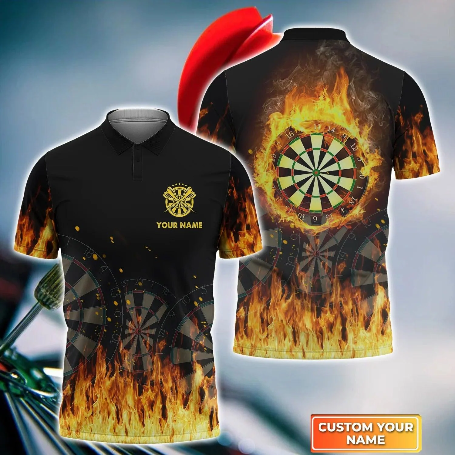 Darts Polo Shirts Personalised, Darts Flame Black Background, Darts On Fire Custom Name Men Polo Shirt - Perfect Gift For Men, Darts Player
