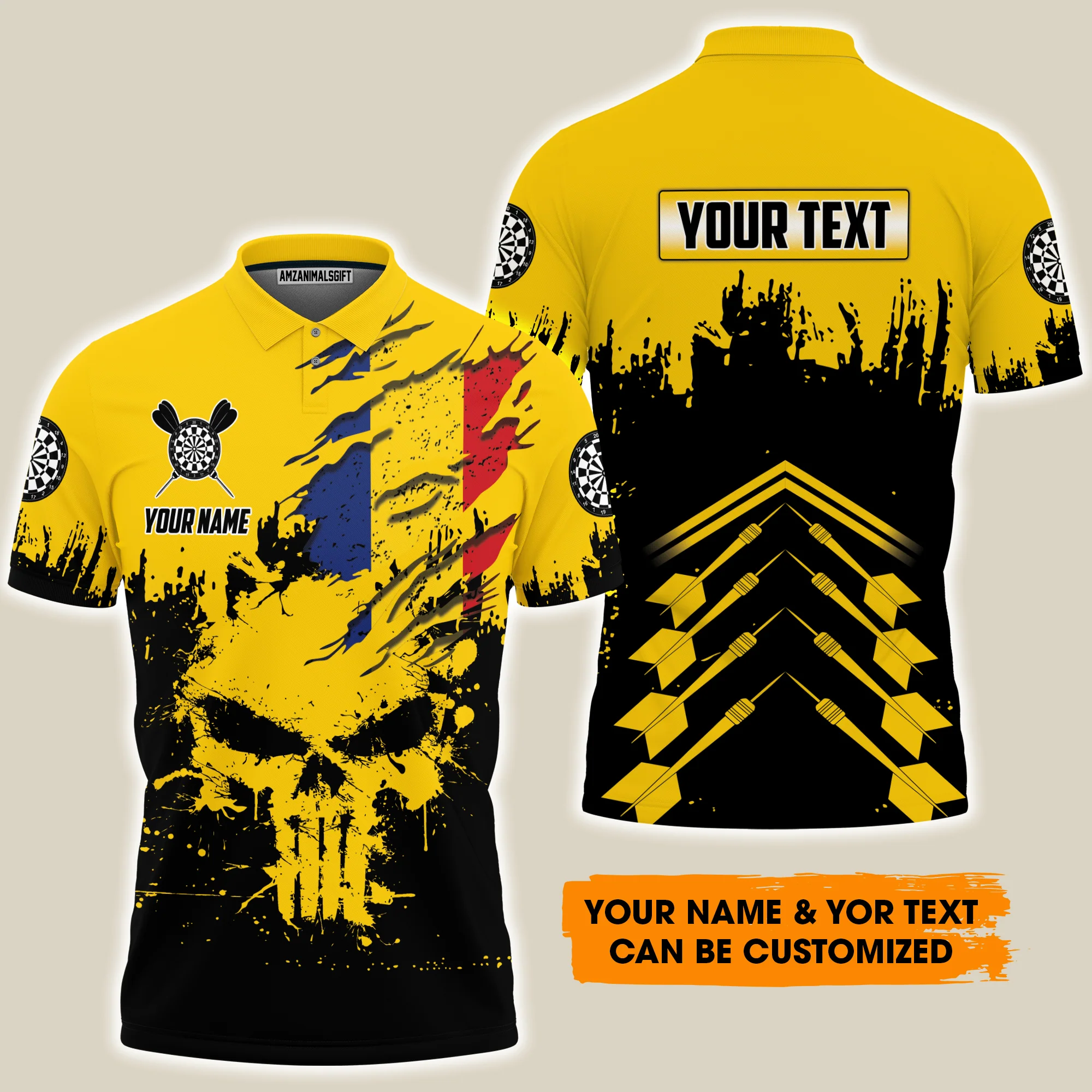 Darts Romanian Flag And Skull Men Polo Shirt Customized Name And Text, Perfect Outfit For Darts Lovers, Darts Players, Team - Image 2