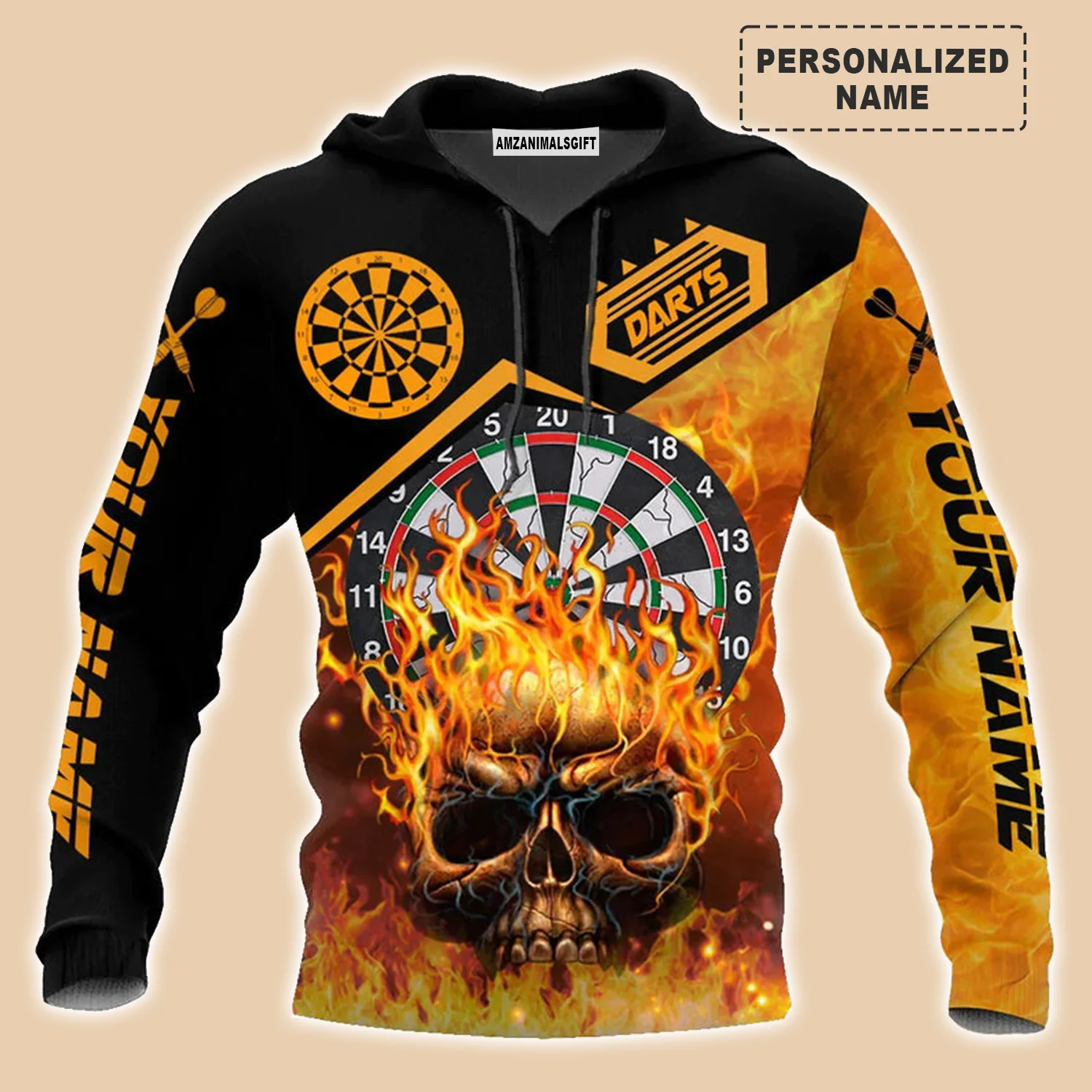 Darts Skull And Fire T-Shirt Customized Name Dartboard Fire Pattern, Perfect Outfit For Darts Players Uniforms, Darts Lovers, Team - Image 3