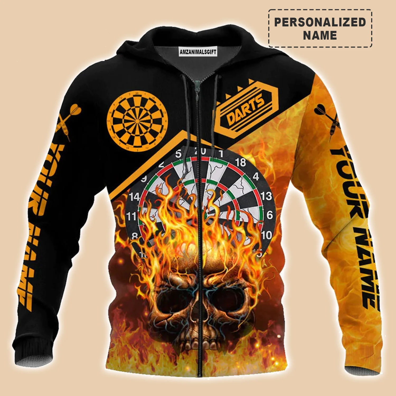 Darts Skull And Fire T-Shirt Customized Name Dartboard Fire Pattern, Perfect Outfit For Darts Players Uniforms, Darts Lovers, Team - Image 4