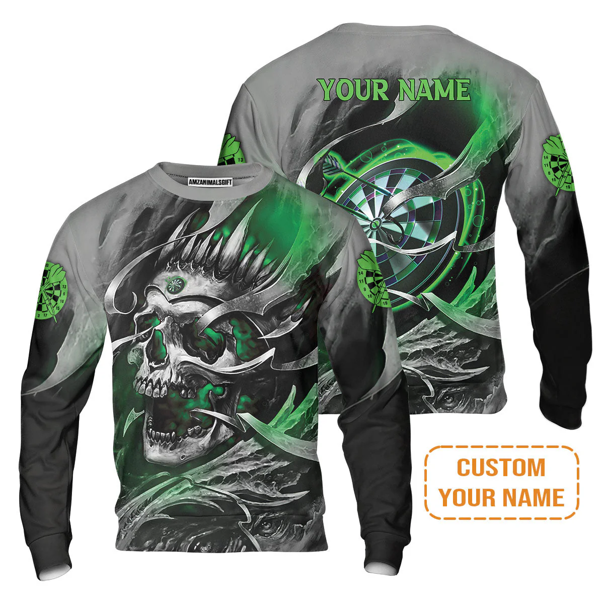 Darts Sweatshirt Custom Name - Green Skull Dartboard Personalized Sweatshirt For Men - Image 2