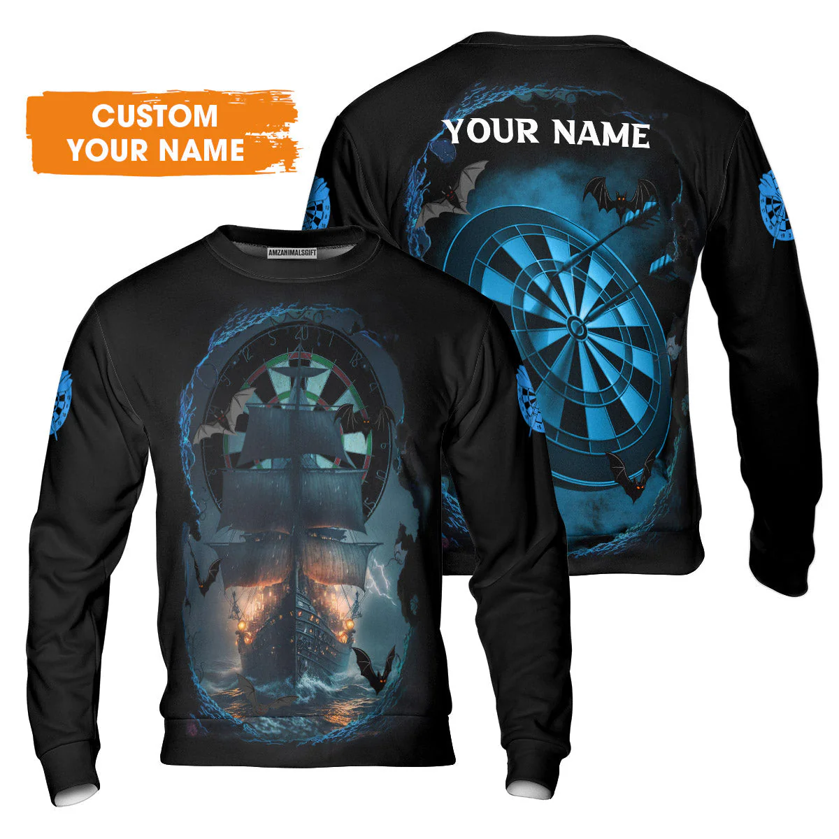Darts Sweatshirt Customized Name, Sailboat & Bats Cave With Dartboard Sweatshirt - Gift For Darts Players, Darts Lovers