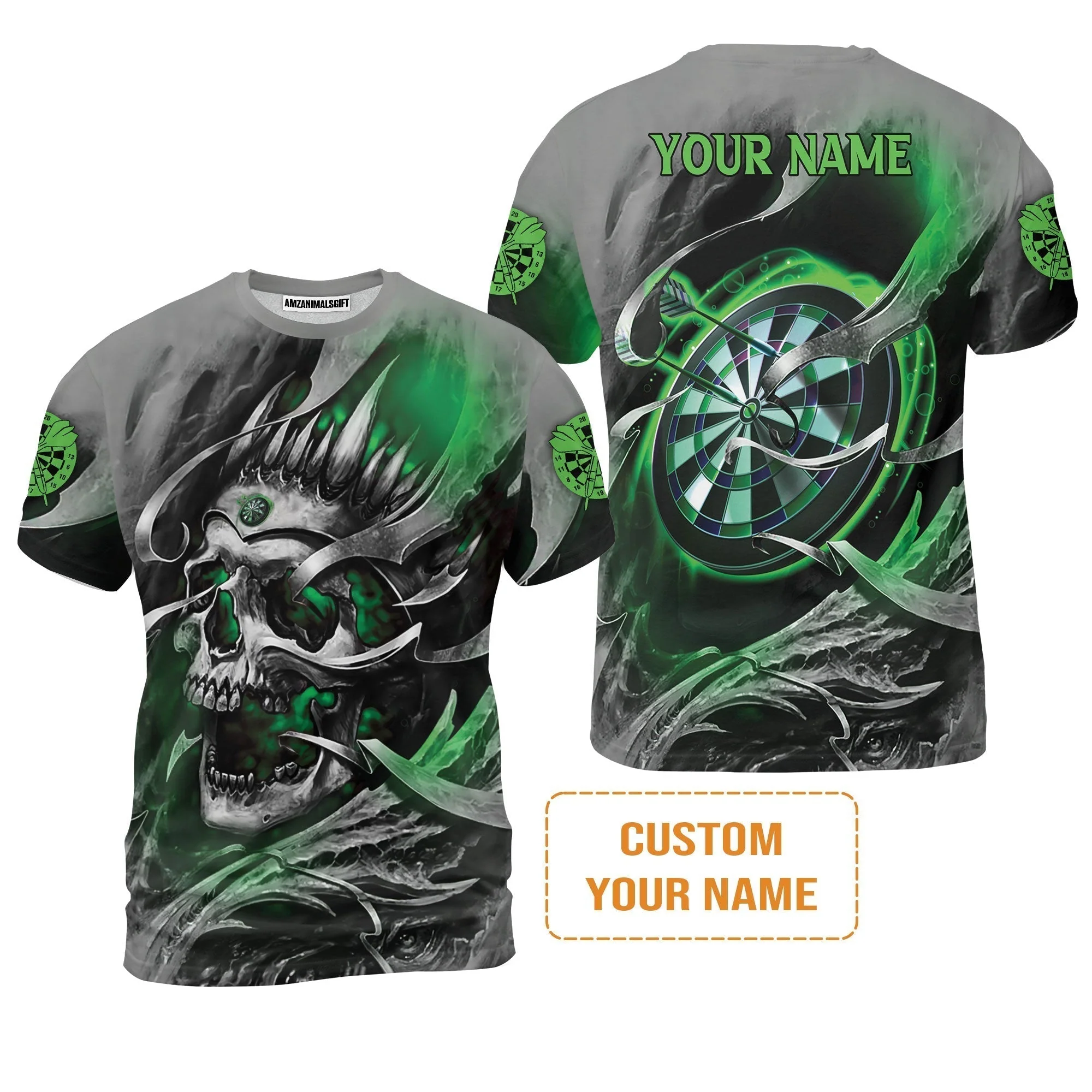 Darts T-Shirt Custom Name - Green Skull Dartboard Personalized T-Shirt For Men - Image 2
