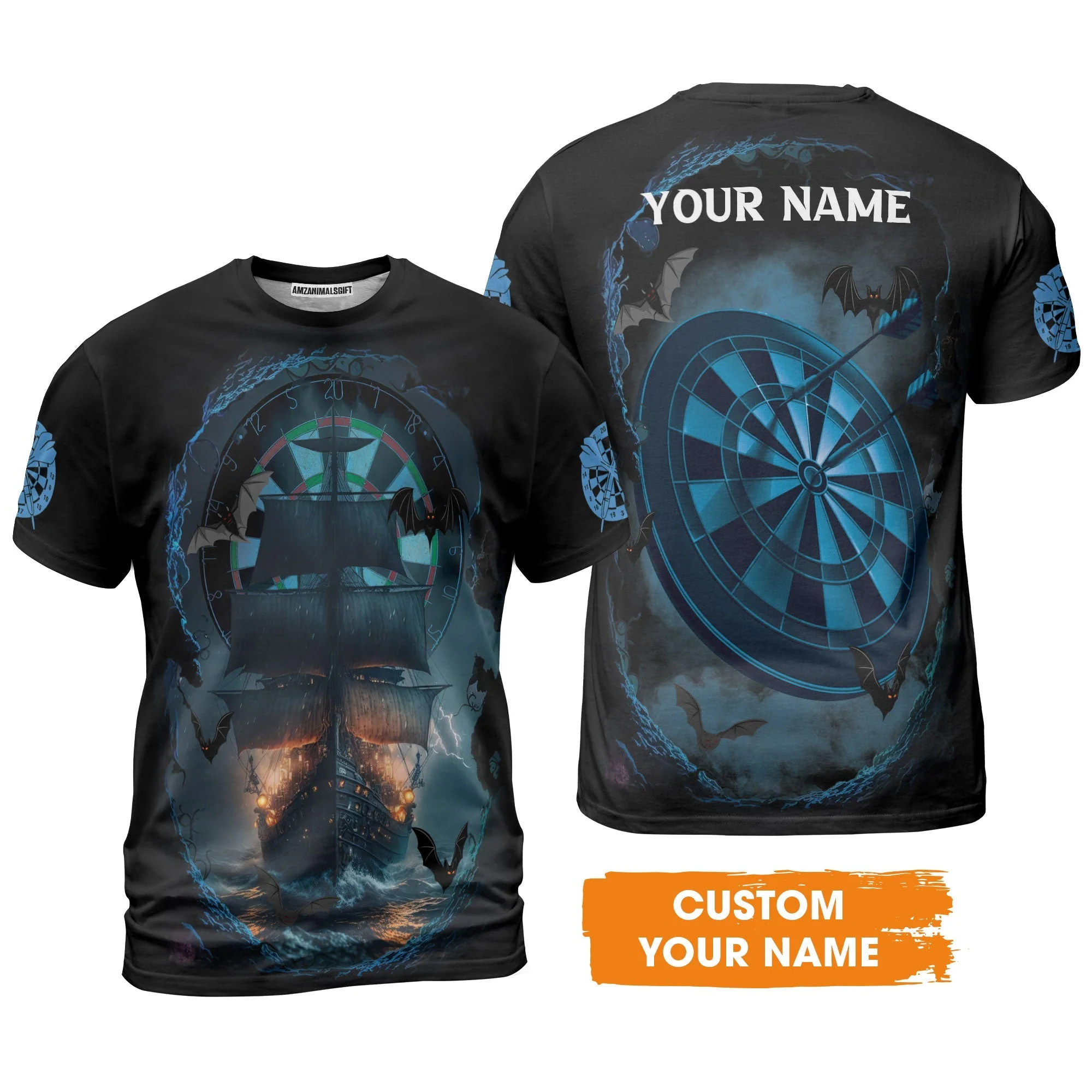 Darts T-Shirt Customized Name, Sailboat & Bats Cave With Dartboard T-Shirt - Gift For Darts Players, Darts Lovers