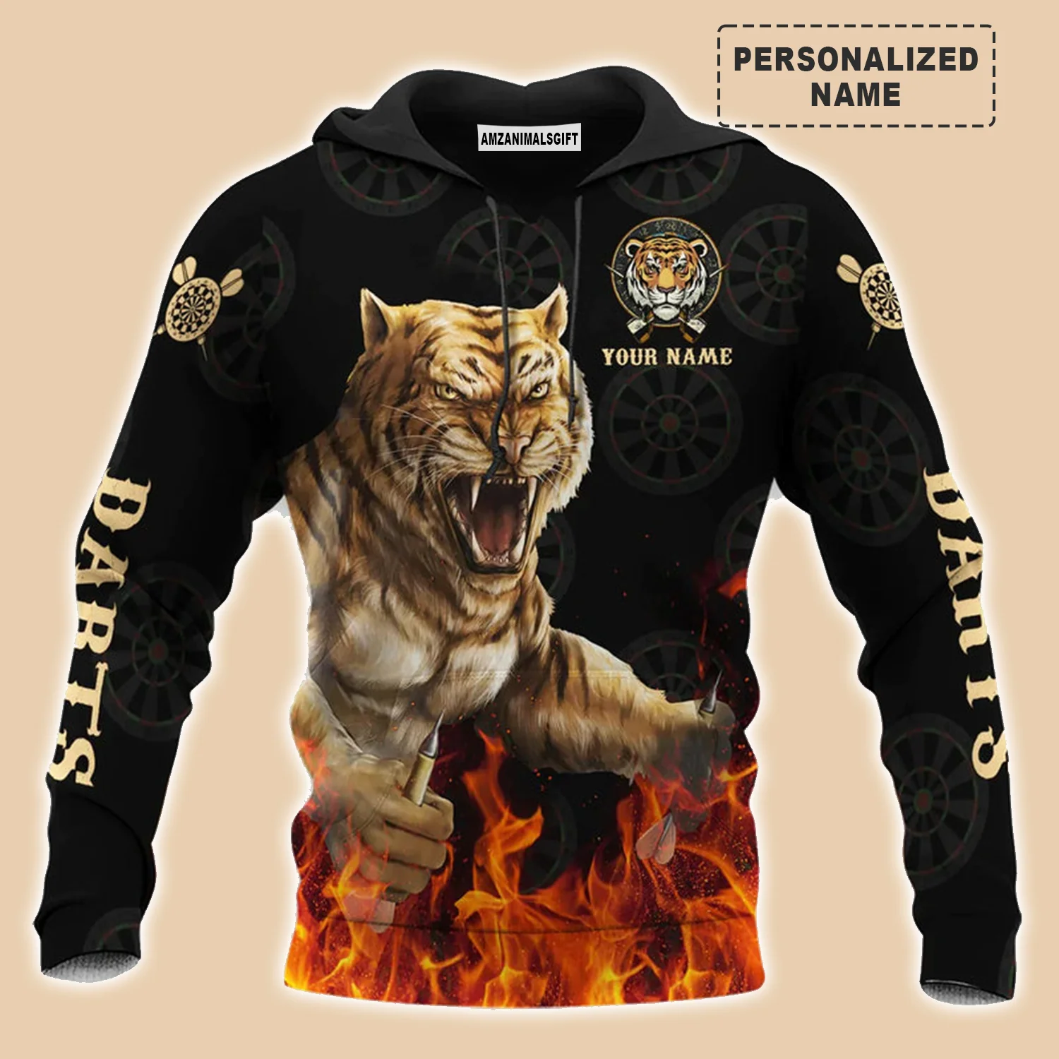 Darts Tiger Black And Fire Premium Hoodie Customized Name, Perfect Outfit For Darts Players Uniforms, Darts Lovers, Team