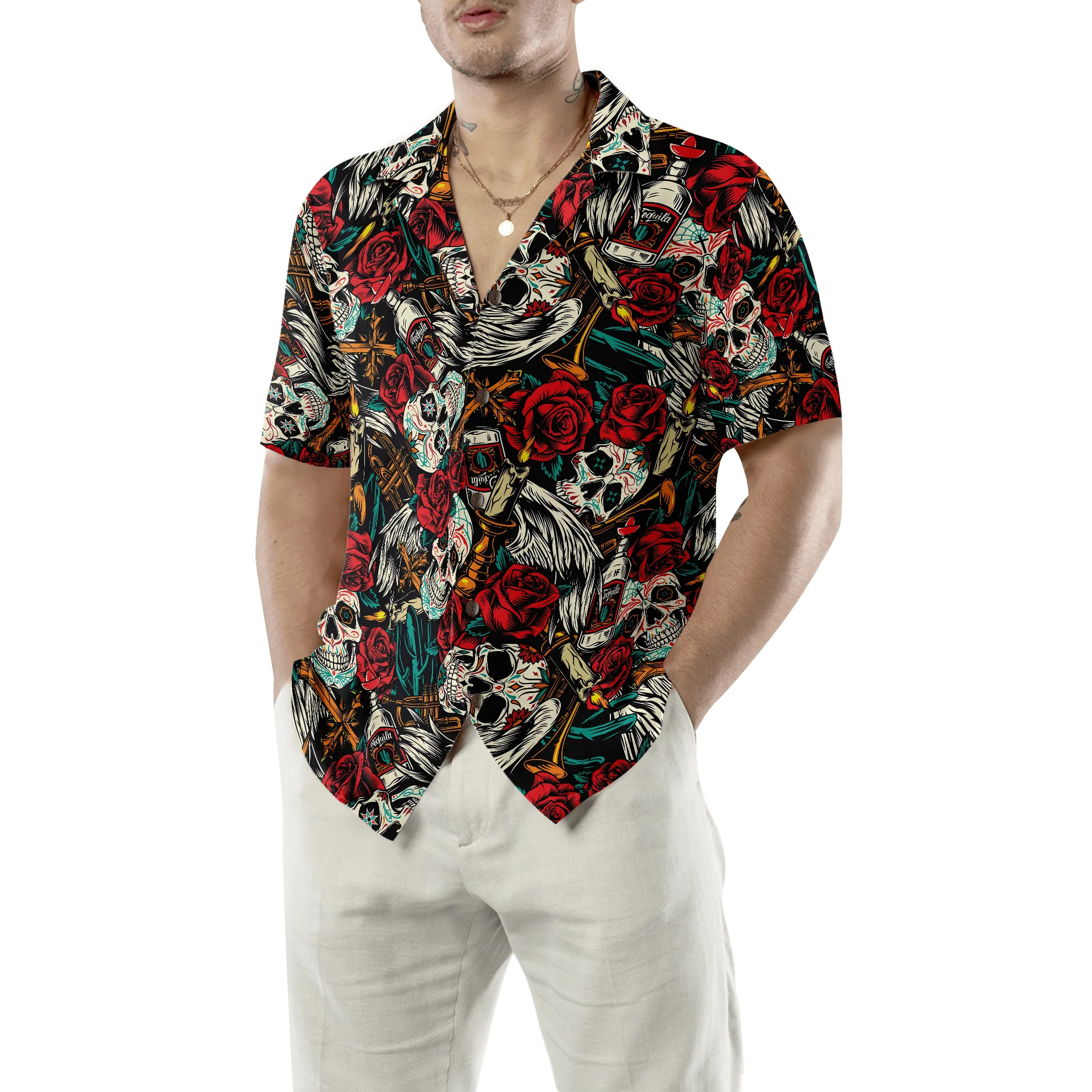 Day Of The Dead Skull Hawaiian Shirt, Best Skull Red Rose Colorful Summer Aloha Shirt For Men Women, Perfect Gift For Friend, Family, Husband, Wife - Image 5