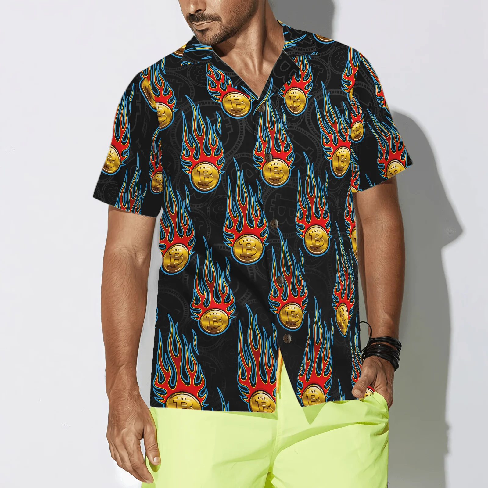 Digital Bitcoin Crypto Currency Pattern With Hotrod Flame Aloha Hawaiian Shirt For Summer, Colorful Hawaiian Shirt Outfit For Men Women, Friend, Team - Image 4