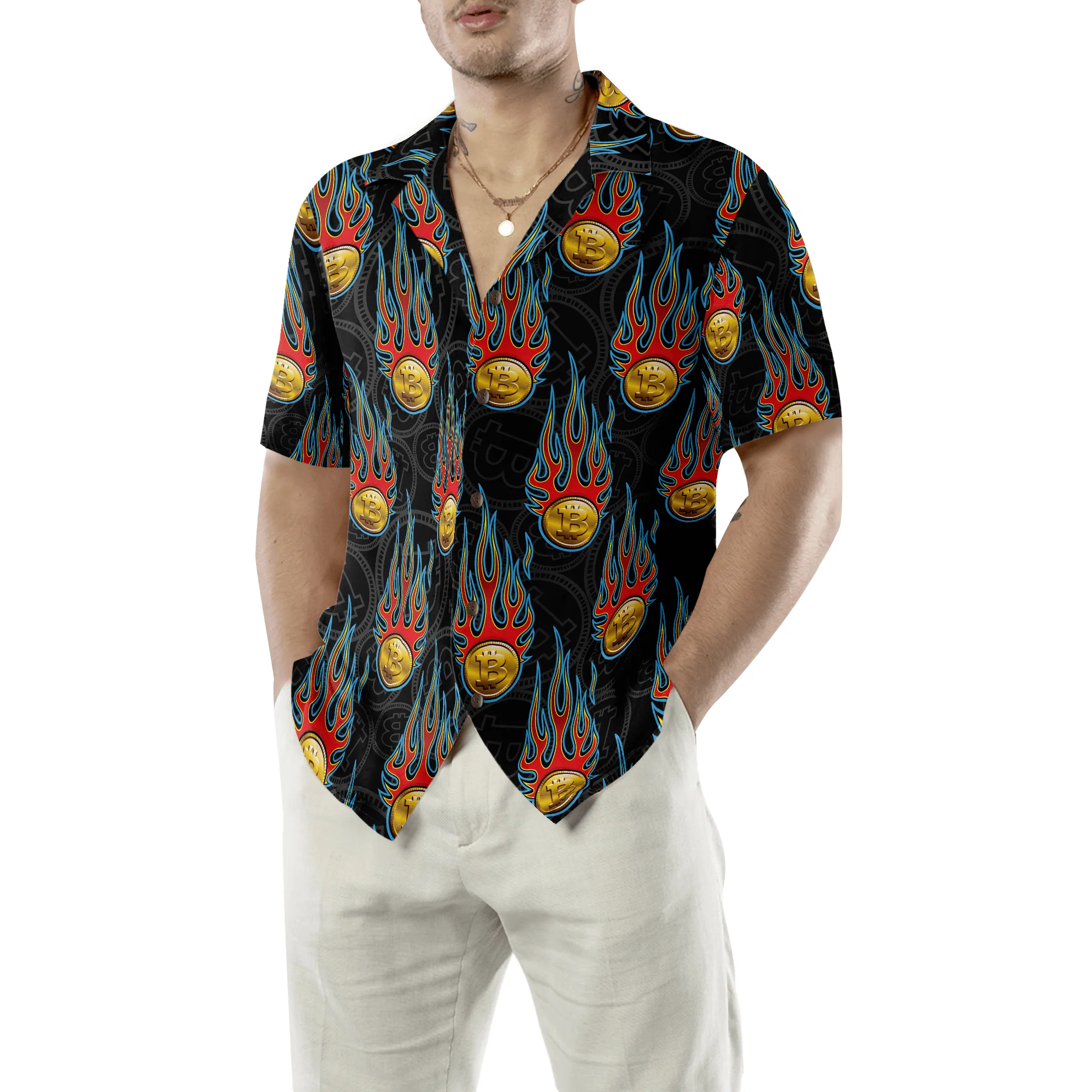 Digital Bitcoin Crypto Currency Pattern With Hotrod Flame Aloha Hawaiian Shirt For Summer, Colorful Hawaiian Shirt Outfit For Men Women, Friend, Team - Image 5