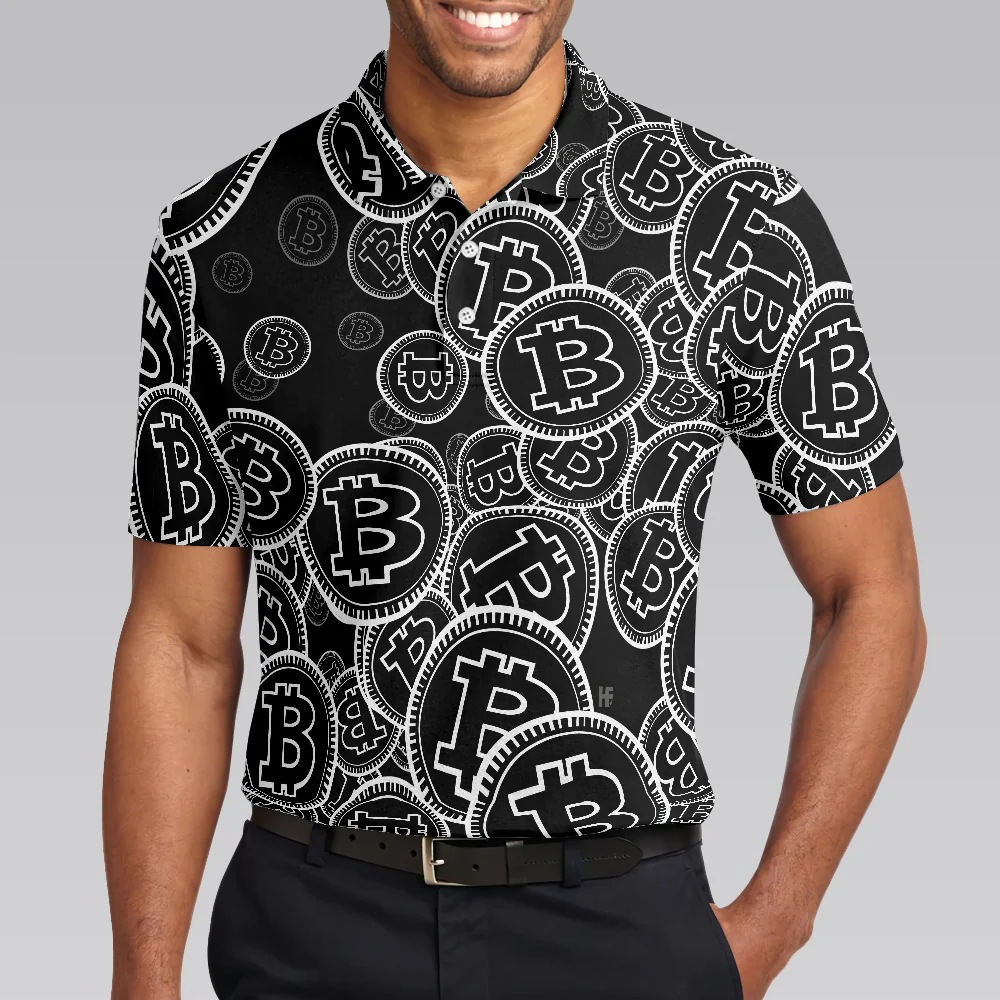 Digital Bitcoin Crypto Polo Shirt, Cool Cryptocurrency Short Sleeve Shirt, Black And White Bitcoin Polo - Gift For Men - Image 4