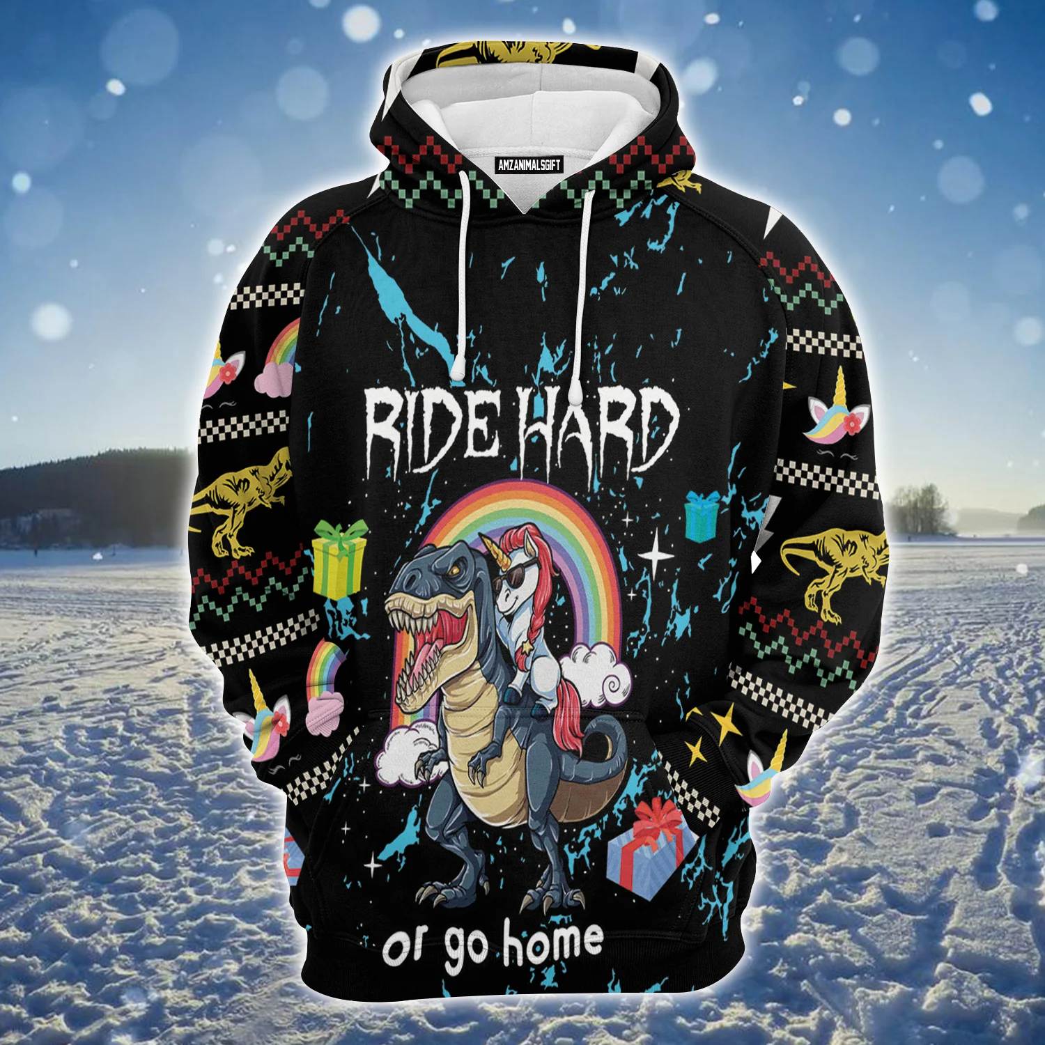 Dinosaur Unicorn Ride Hard Premium Christmas Hoodie, Christmas Gifts Unisex Hoodie For Men & Women -  Perfect Gift For Christmas, Friends, Family - Image 2