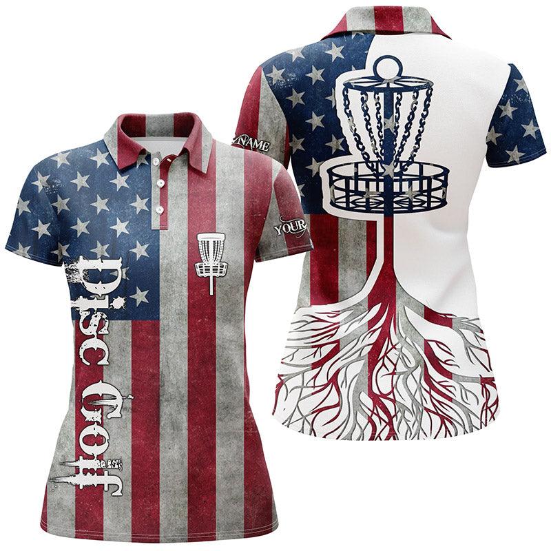 Disc Golf Custom Name Women Polo Shirt, American Flag Patriotic Disc Golf Basket Personalized Women Polo Shirts, Gift For Ladies, Disc Golf Lovers - Image 2