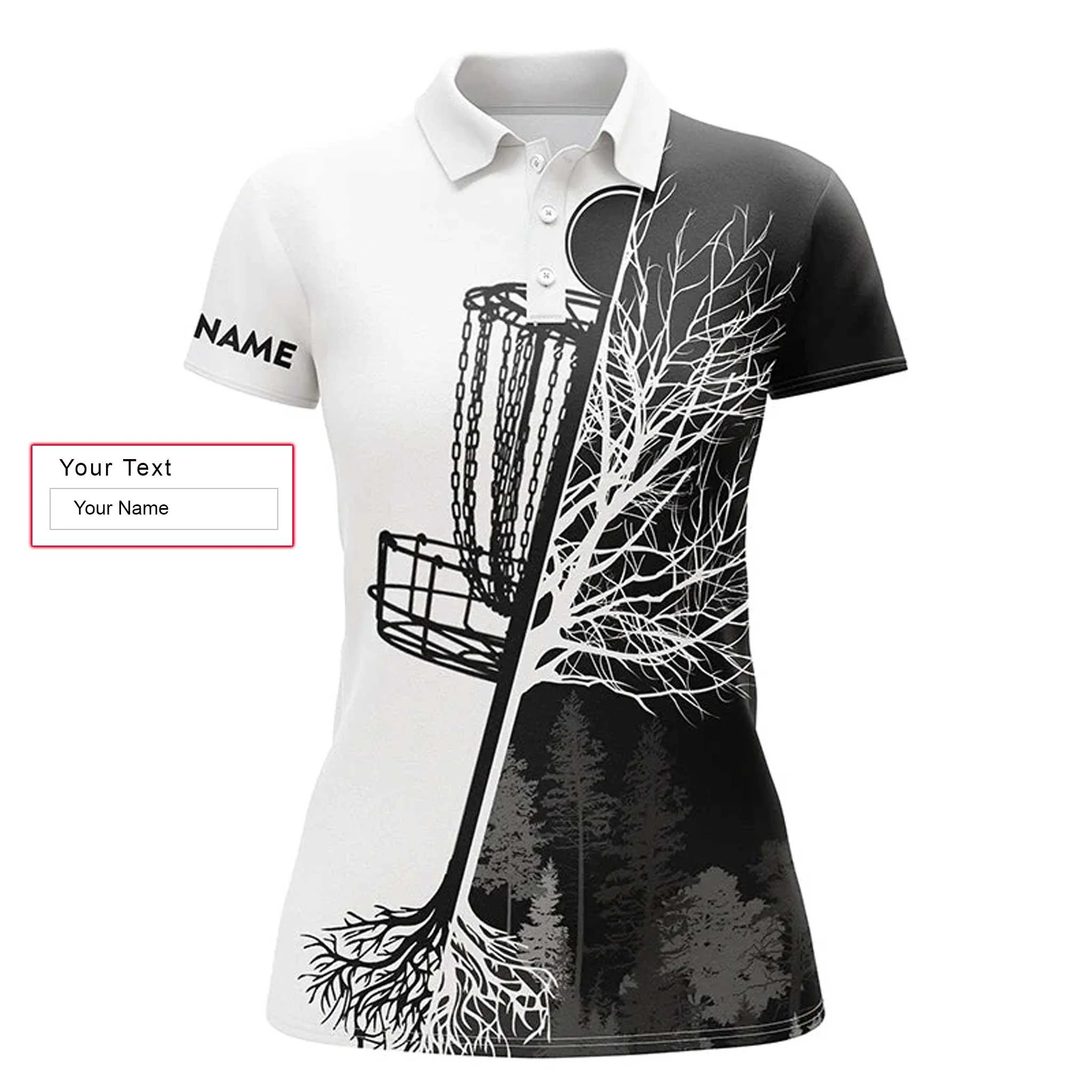 Disc Golf Custom Name Women Polo Shirt, Black & White Disc Golf Basket Personalized Women Polo Shirts, Perfect Gift For Ladies, Disc Golf Lovers