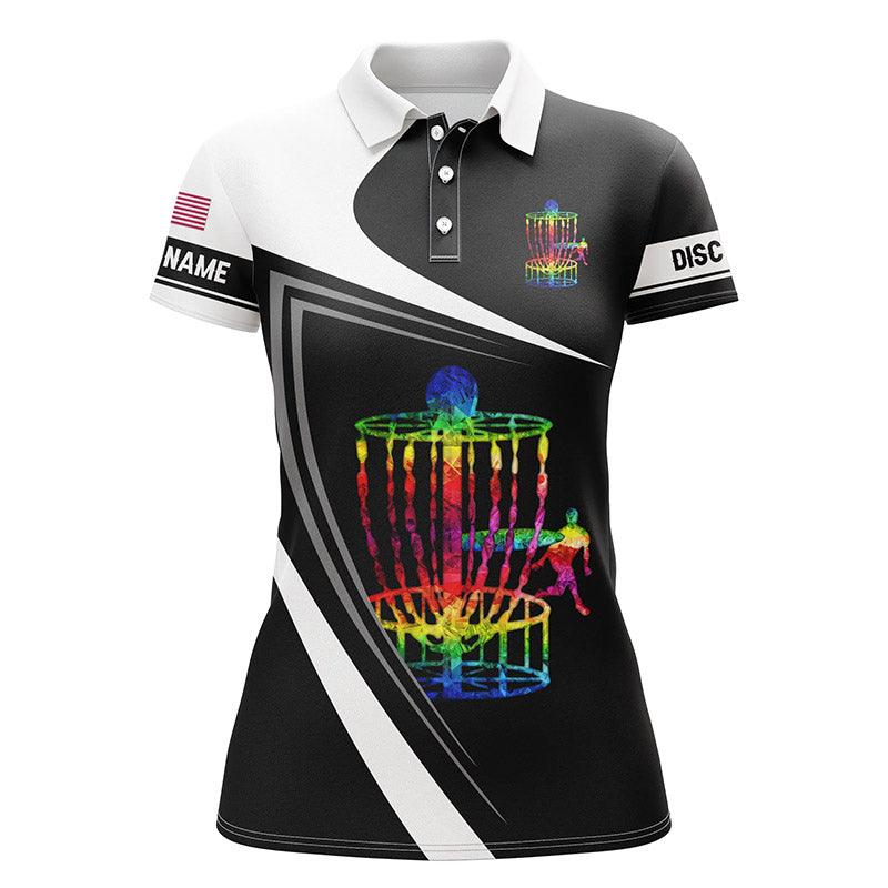 Disc Golf Custom Name Women Polo Shirt, Watercolor Disc Golf Basket, Black White Personalized Women Polo Shirts, Perfect Gift For Disc Golf Lovers - Image 2