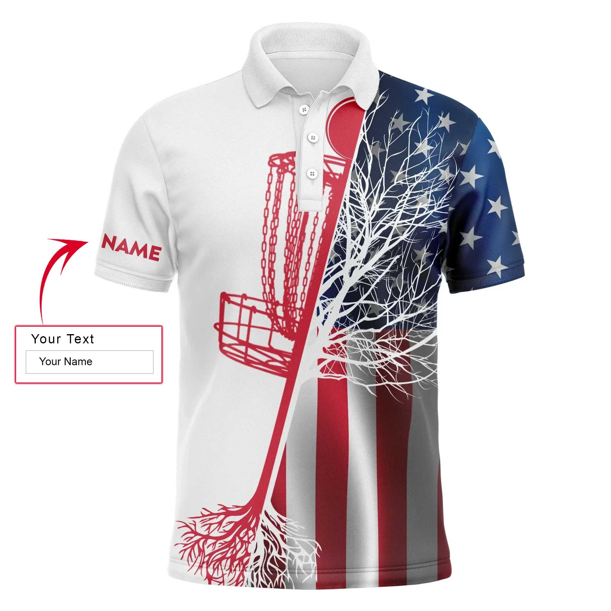 Disc Golf Men Polo Shirt - American Flag Disc Golf Basket Custom Name Apparel - Personalized Gift For Disc Golf Lover, Team, 4th July, Patriotic