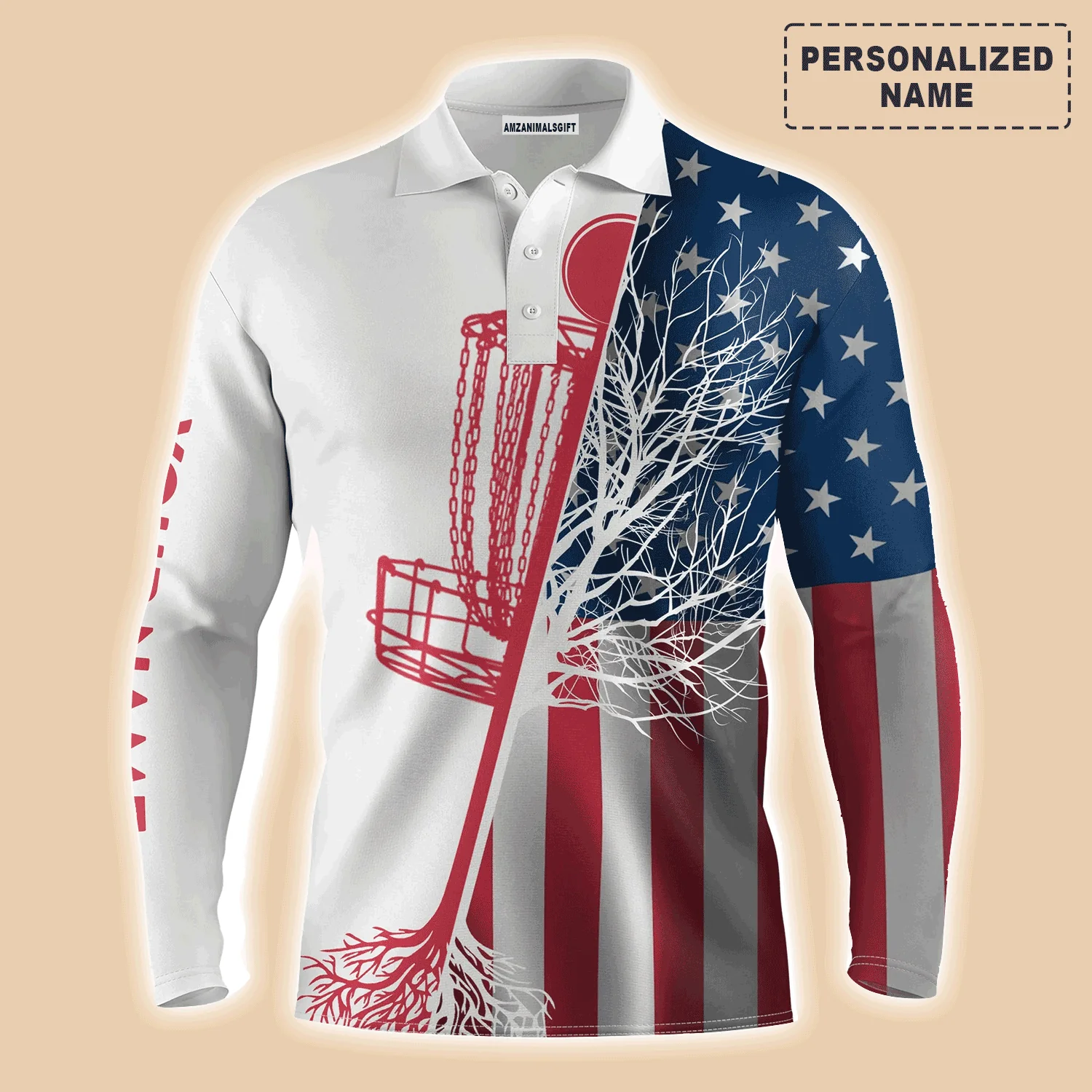 Disc Golf Men Polo Shirt - American Flag Disc Golf Basket Custom Name Apparel - Personalized Gift For Disc Golf Lover, Team, 4th July, Patriotic - Image 2