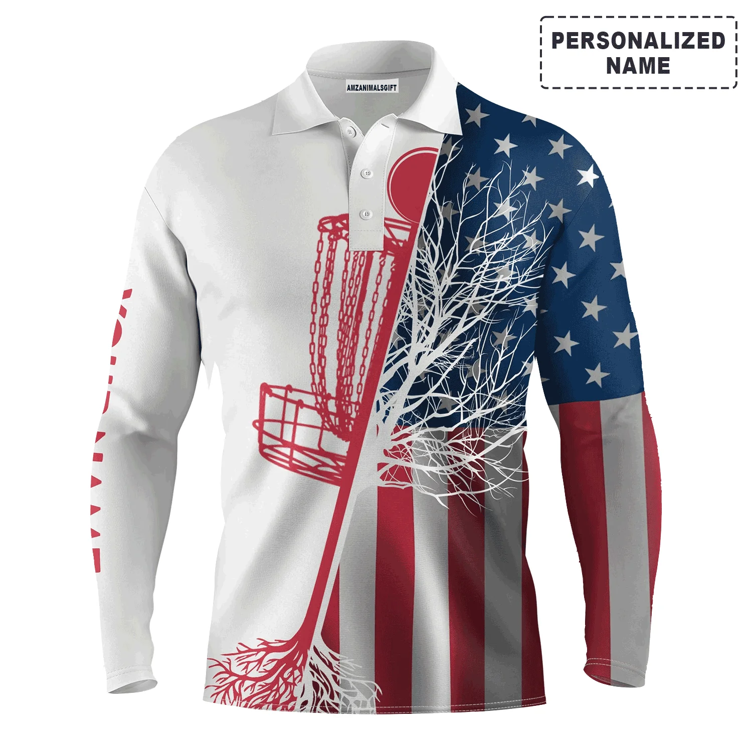Disc Golf Men Polo Shirt - American Flag Disc Golf Basket Custom Name Apparel - Personalized Gift For Disc Golf Lover, Team, 4th July, Patriotic - Image 3