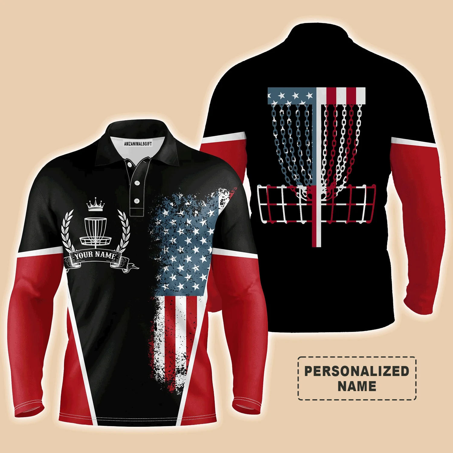 Disc Golf Men Polo Shirt - Custom Name American Flag with Disc Golf Basket Apparel - Personalized Gift For Disc Golf Lover, Team, Patriotic, 4th July - Image 3