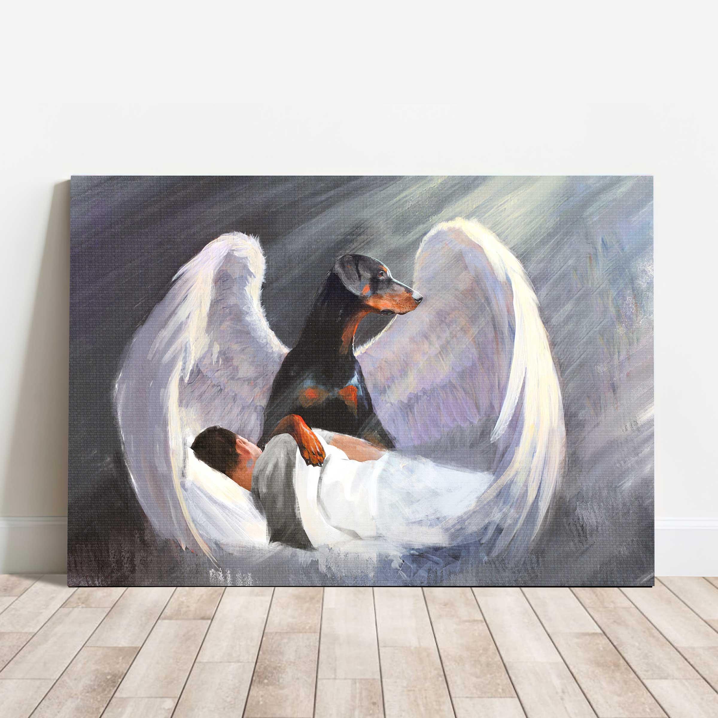 Doberman Landscape Canvas- Sleeping man, Doberman, Beautiful Wings, I'll protect you- Gift for dog lover - Dog Landscape Canvas Prints, Wall Art - Image 2