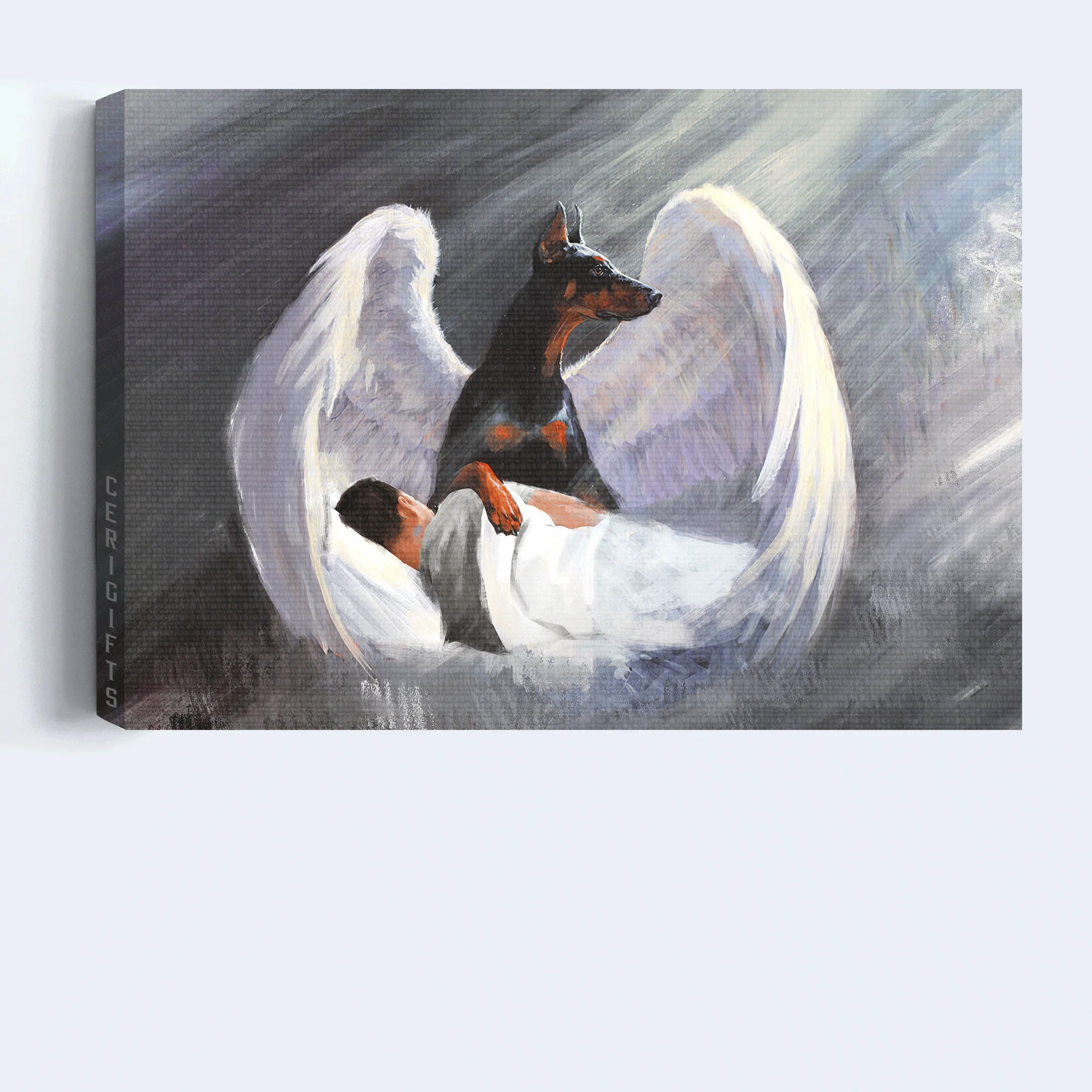 Doberman Landscape Canvas- Sleeping man, Doberman, Beautiful Wings, I'll protect you- Gift for dog lover - Dog Landscape Canvas Prints, Wall Art - Image 4