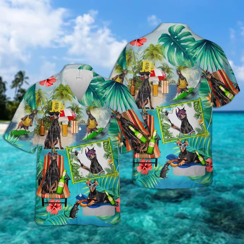 Dobermann Hawaiian Shirt, Dog Surfing Hawaiian Shirt, Tropical Summer Aloha Shirt For Men - Perfect Gift For Dobermann Lovers, Friend, Family