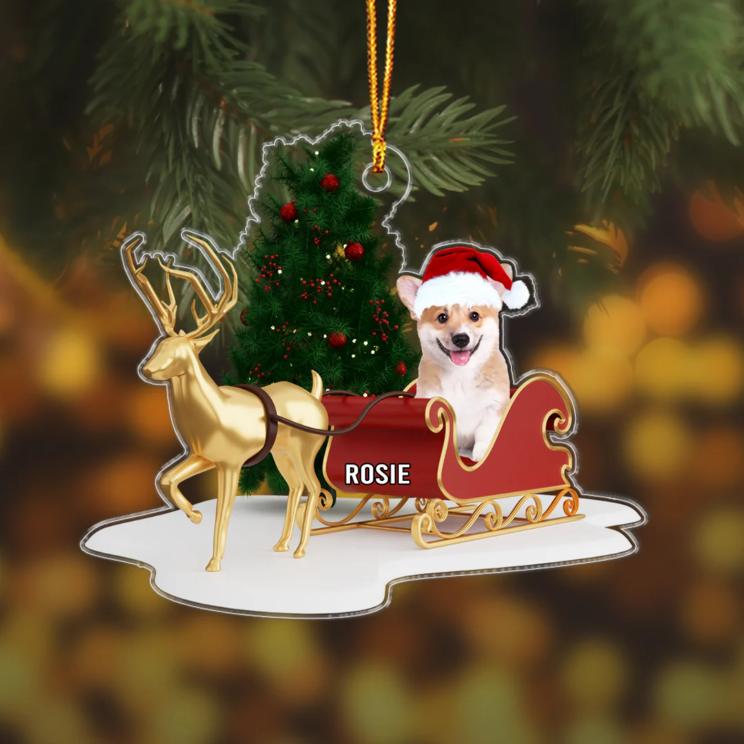 Dog And Reindeer Santa's Sleigh Christmas Ornament Custom Name And Photo Custom Shape Acrylic Ornament for Dog Lover - Image 3