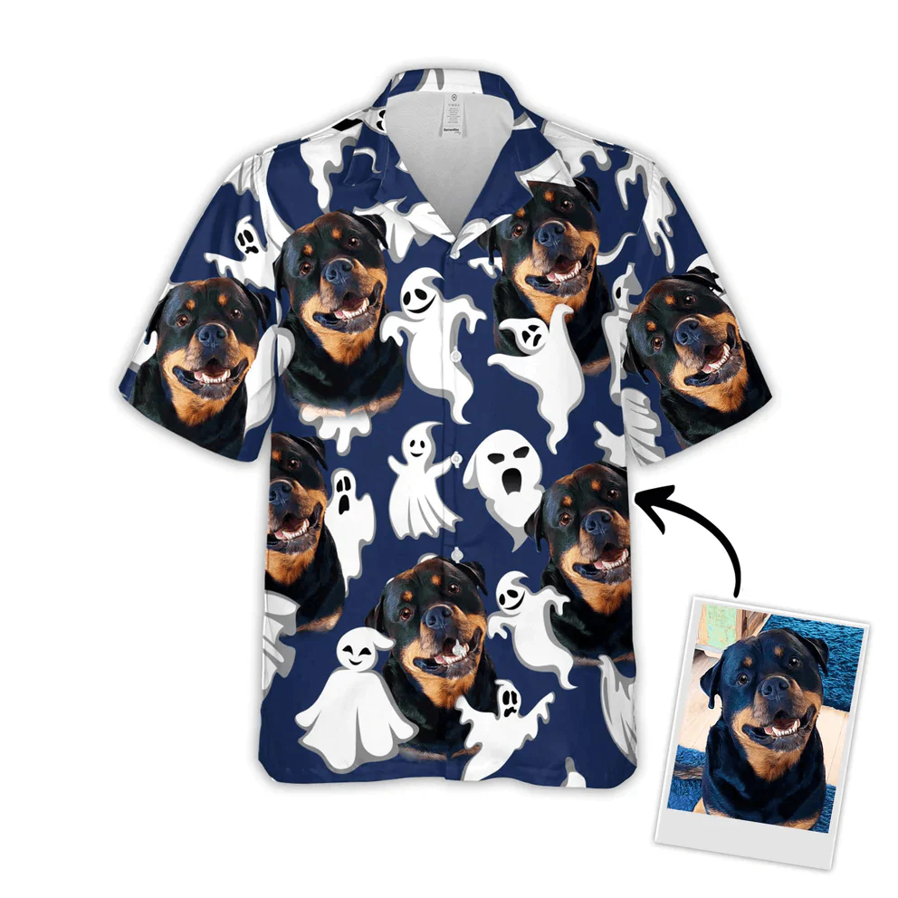 Dog Custom Hawaiian Shirt - Custom Photo Pet Funny Ghost Pattern Navy Personalized Hawaiian Shirt - Perfect Gift For Dog Lovers, Friend, Family - Image 2