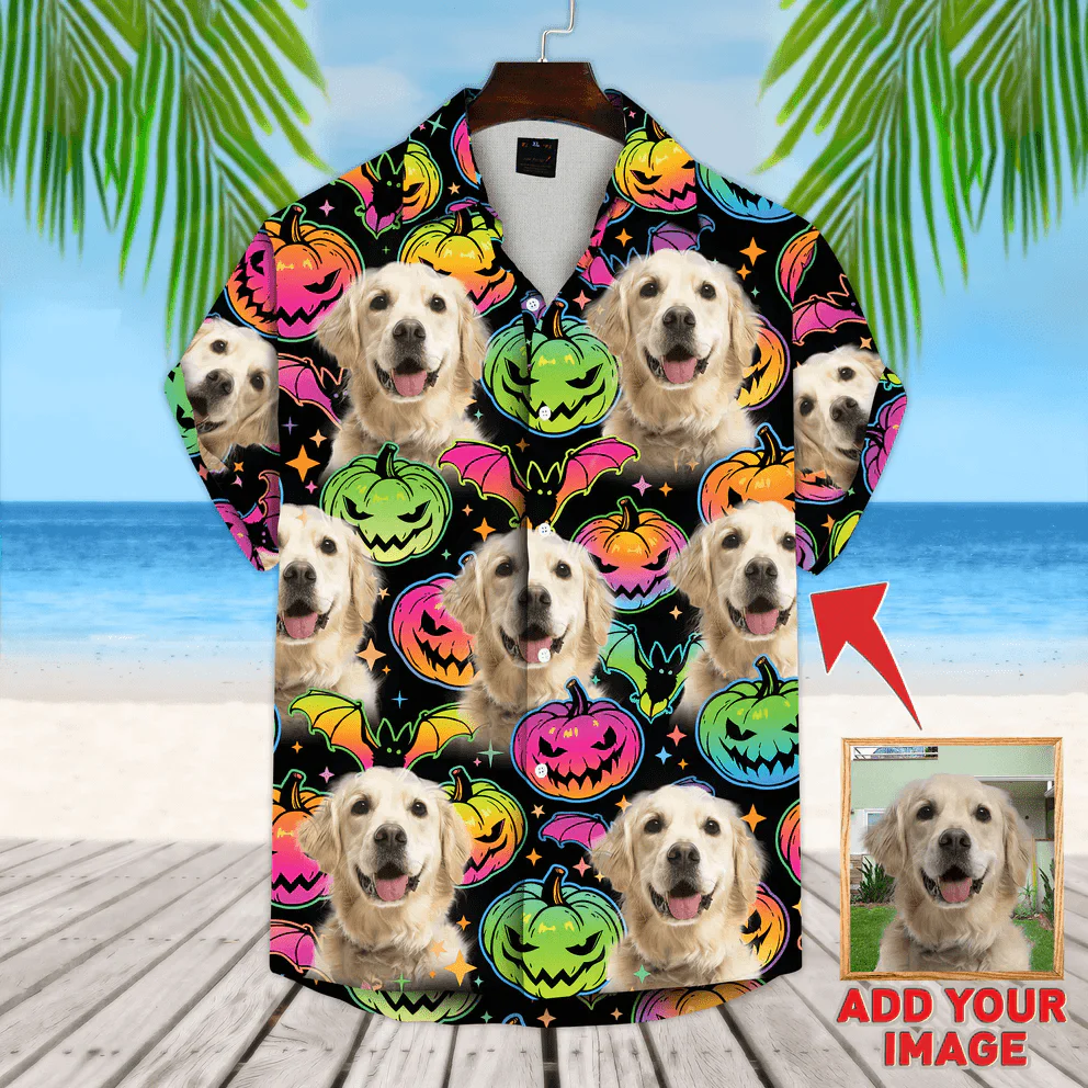 Dog Custom Hawaiian Shirt - Custom Photo Pet Pumpkin & Bat Pattern Personalized Hawaiian Shirt - Perfect Gift For Dog Lovers, Friend, Family
