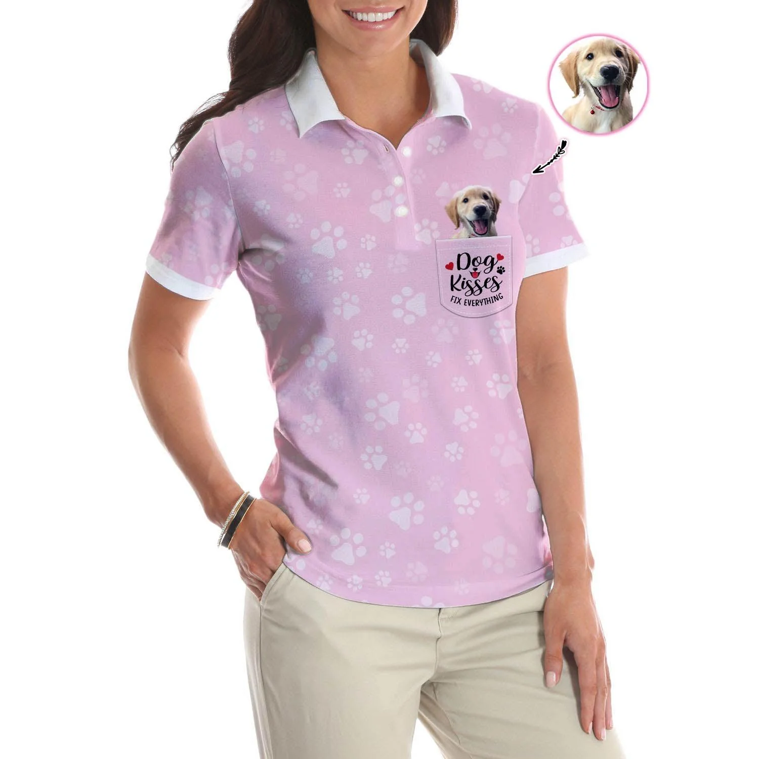 Dog Custom Photo Women Polo Shirt, Dog Kisses Fix Everything, Paws With Pink Personalized Women Polo Shirts, Best Gift For Dog Lovers, Ladies, Dog Mom