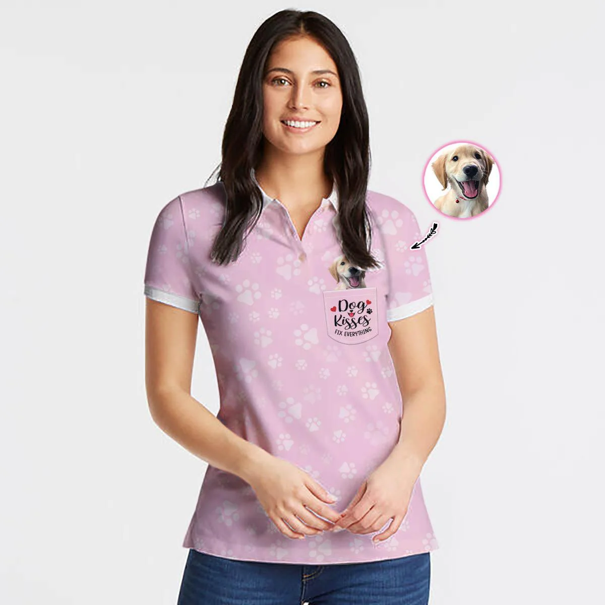 Dog Custom Photo Women Polo Shirt, Dog Kisses Fix Everything, Paws With Pink Personalized Women Polo Shirts, Best Gift For Dog Lovers, Ladies, Dog Mom - Image 4