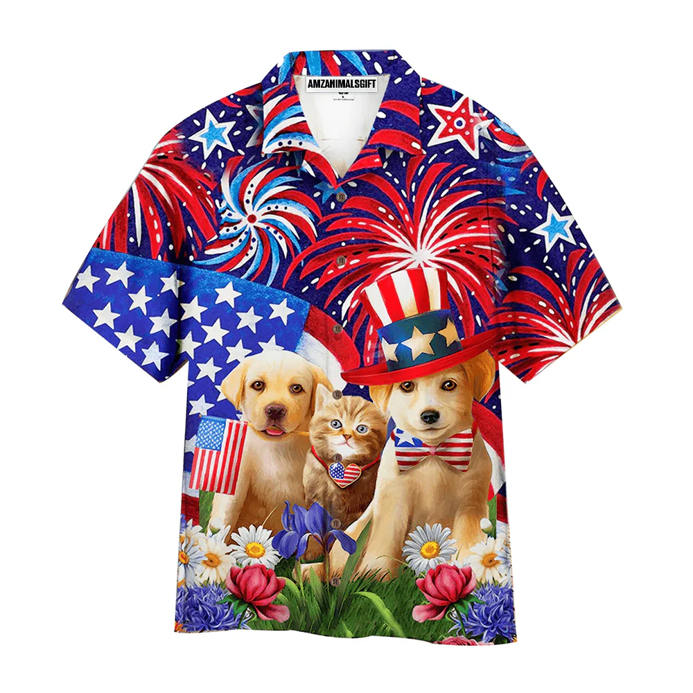 Dogs and Cat American Flag Firework Aloha Hawaiian Shirts For Men Women, 4th Of July Gift For Summer, Friend, Family, Independence Day, Dog Cat Lovers