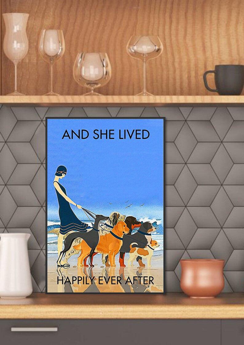 Dogs Portrait Canvas - Dogs And She Lived Happily Ever After Beach Portrait Canvas - Gift For Family, Friends, Dog Lovers, Beach Lovers