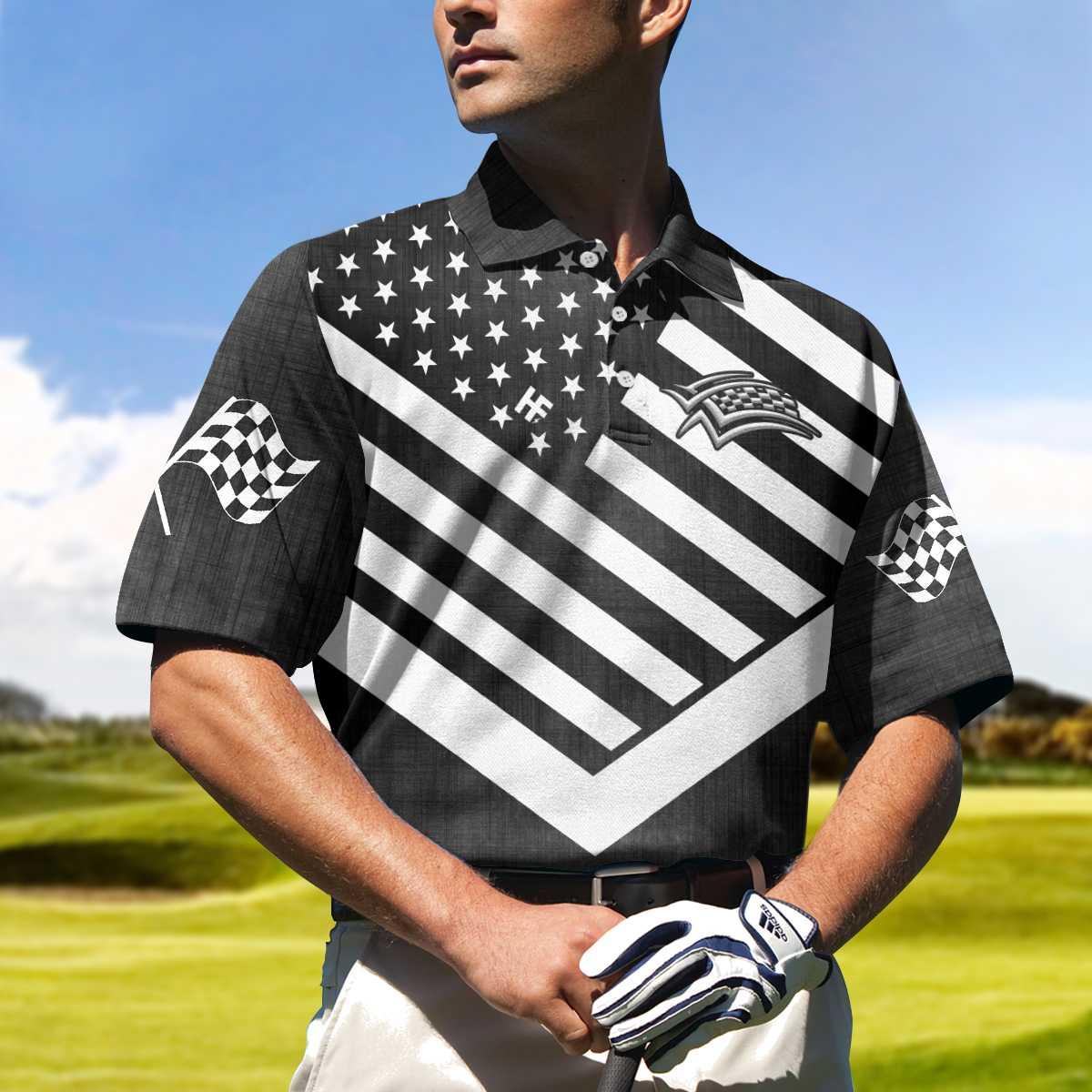 Drag Racing Custom Polo Shirt, Black American Flag Racing Shirt For Men, Short Sleeve Men Polo Shirt - Image 5