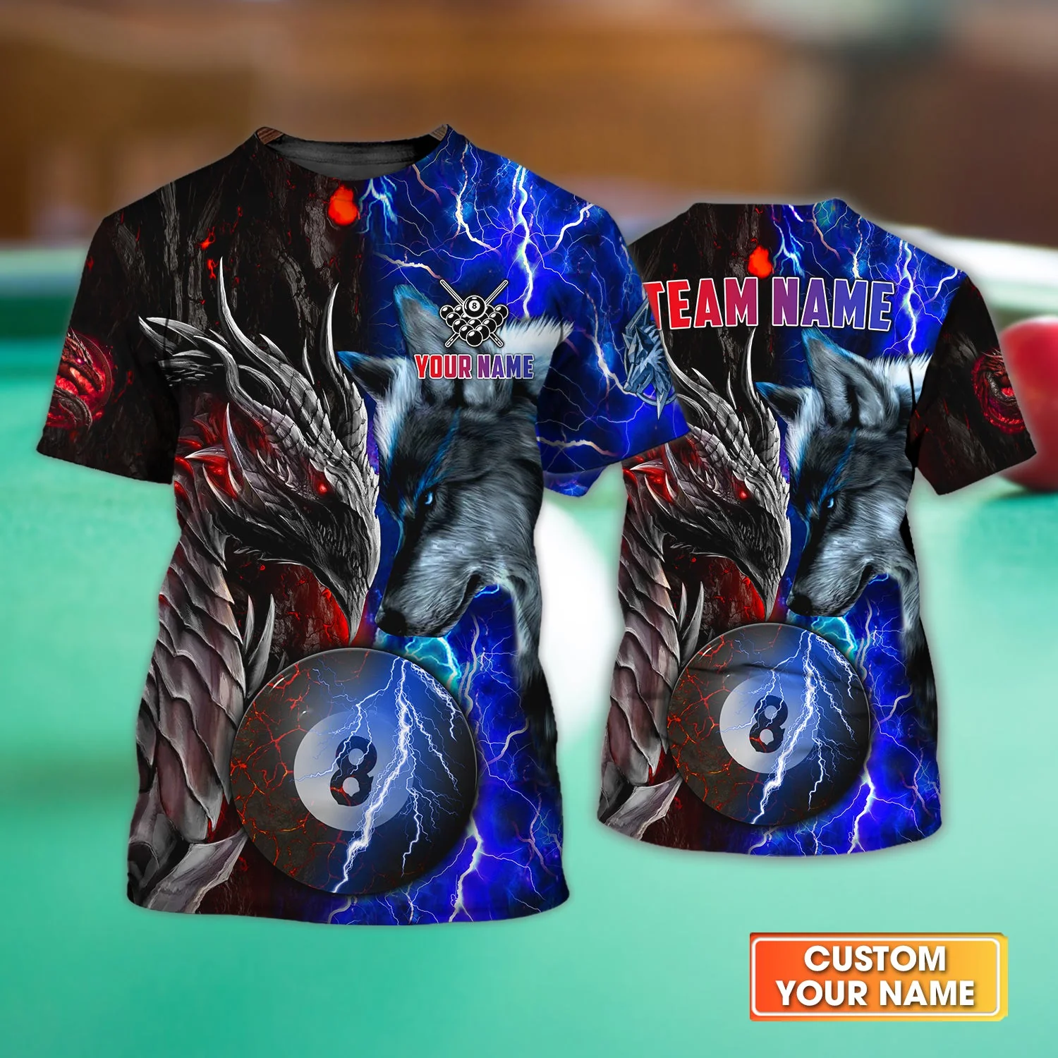 Dragon And Wolf Billiards 8 Balls Paint Red Blue Splash Personalized Shirt, Perfect Outfit For Billiard Players - Image 2