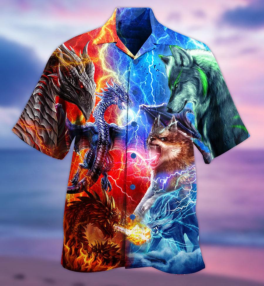 Dragon And Wolf Fighting Aloha Hawaiian Shirt For Summer, Dragon Hawaiian Shirts Outfit For Men Women, Dragon Lovers