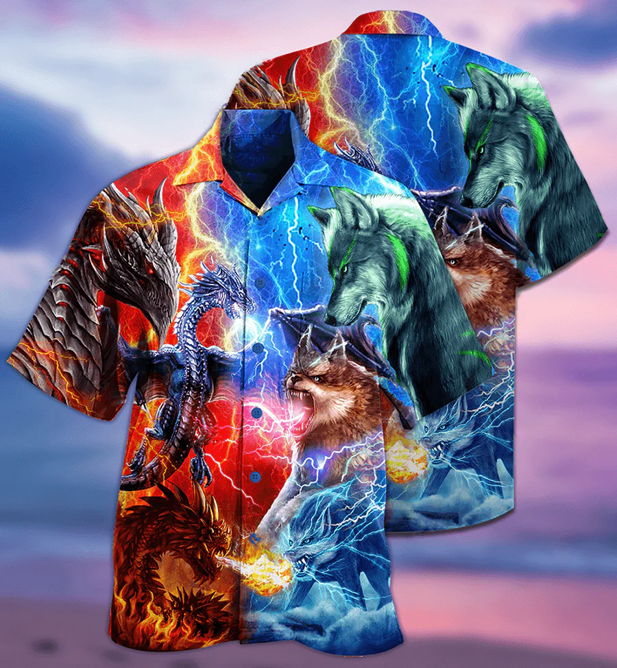 Dragon And Wolf Fighting Aloha Hawaiian Shirt For Summer, Dragon Hawaiian Shirts Outfit For Men Women, Dragon Lovers - Image 2