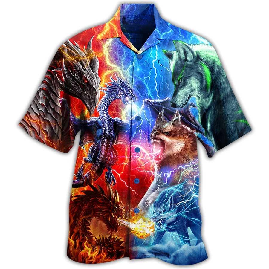 Dragon And Wolf Fighting Aloha Hawaiian Shirt For Summer, Dragon Hawaiian Shirts Outfit For Men Women, Dragon Lovers - Image 3
