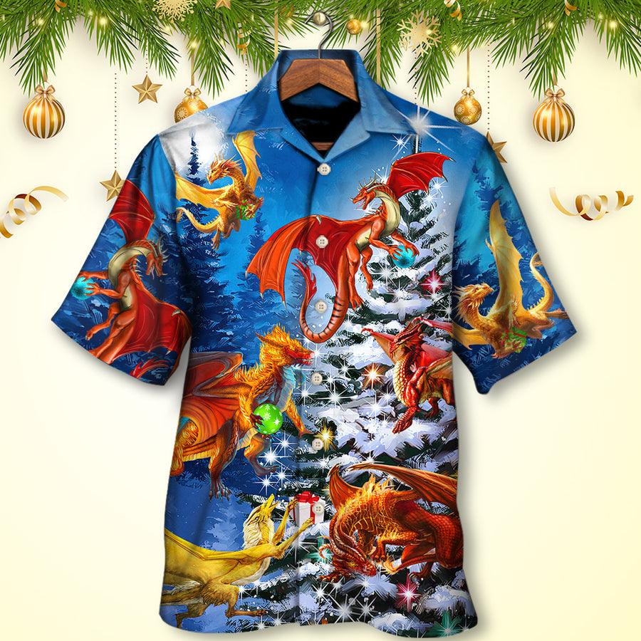 Dragon Christmas Hawaiian Shirt For Summer, Dragon Family In Love Light Art Style Hawaiian Shirts Outfit For Men Women, Dragon Lovers