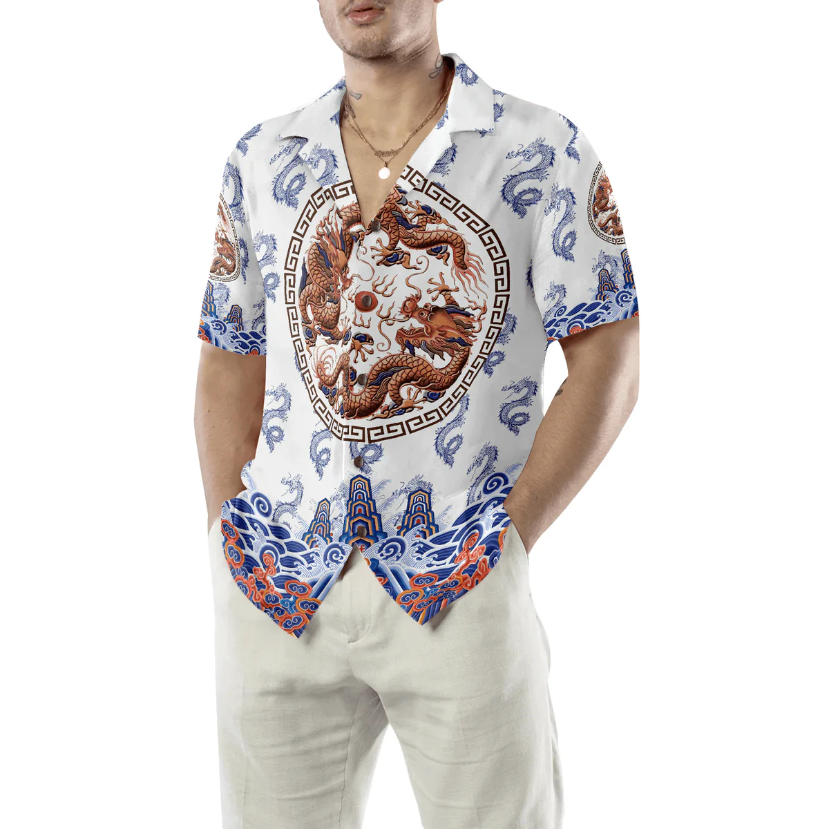 Dragon Hawaiian Shirt - Chinoiserie Dragon White Hawaiian Shirt - Perfect Gift For Husband, Boyfriend, Friend, Family - Image 4